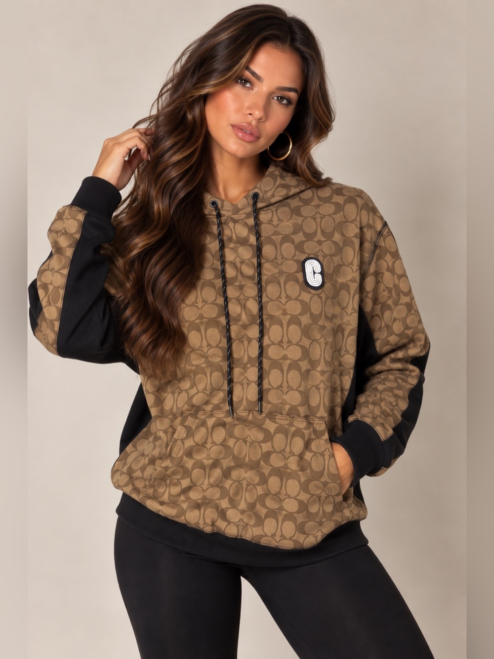 Coach Brown Monogram Hoodie with Black Accents